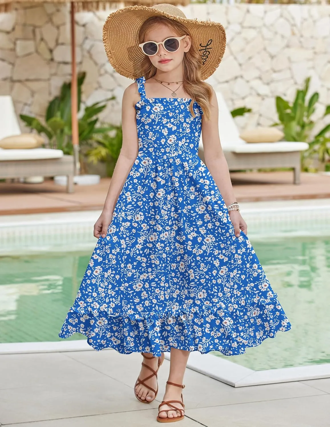 Arshiner Girls Summer Dress Boho Beach Casual Smocked Maxi Dresses 6-13 Years