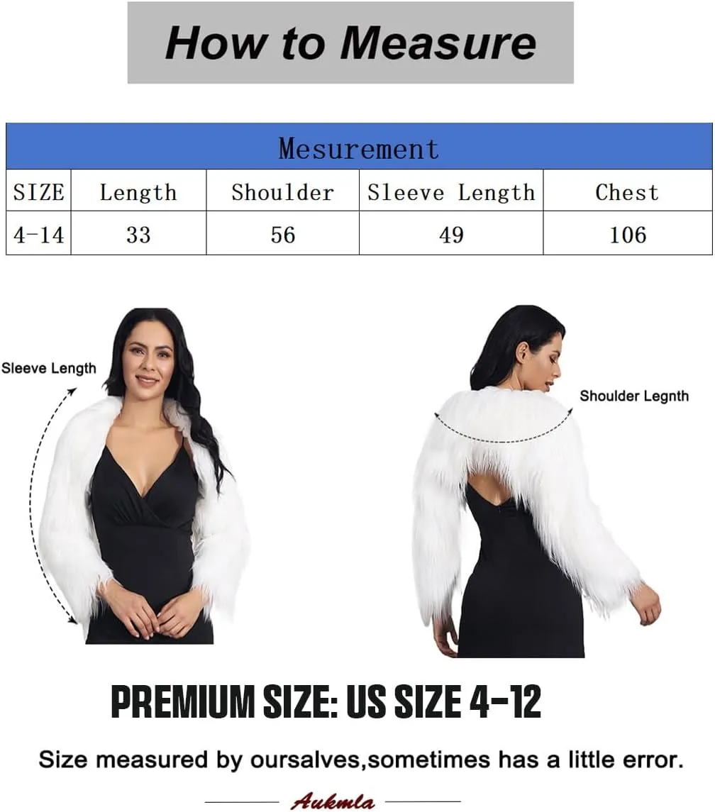 Aukmla Women Faux Fur Bolero Shrugs Winter Wedding Fur Jacket Long Sleeves Evening Fur Shawls Wraps for Bride and Bridesmaid