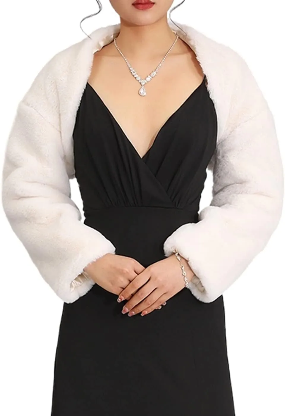 Aukmla Women Faux Fur Bolero Shrugs Winter Wedding Fur Jacket Long Sleeves Evening Fur Shawls Wraps for Bride and Bridesmaid