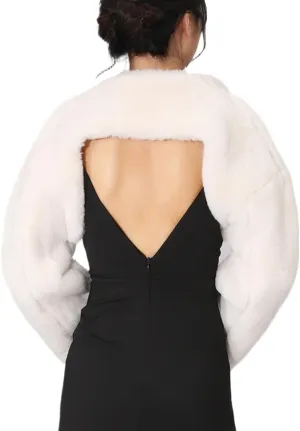 Aukmla Women Faux Fur Bolero Shrugs Winter Wedding Fur Jacket Long Sleeves Evening Fur Shawls Wraps for Bride and Bridesmaid