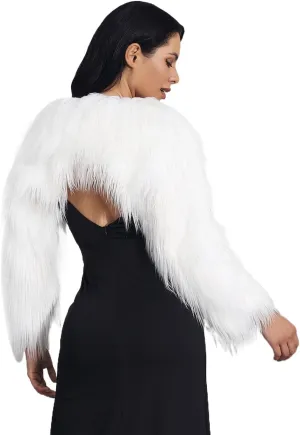 Aukmla Women Faux Fur Bolero Shrugs Winter Wedding Fur Jacket Long Sleeves Evening Fur Shawls Wraps for Bride and Bridesmaid