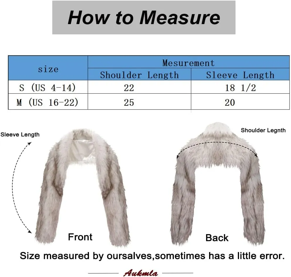 Aukmla Women Faux Fur Bolero Shrugs Winter Wedding Fur Jacket Long Sleeves Evening Fur Shawls Wraps for Bride and Bridesmaid