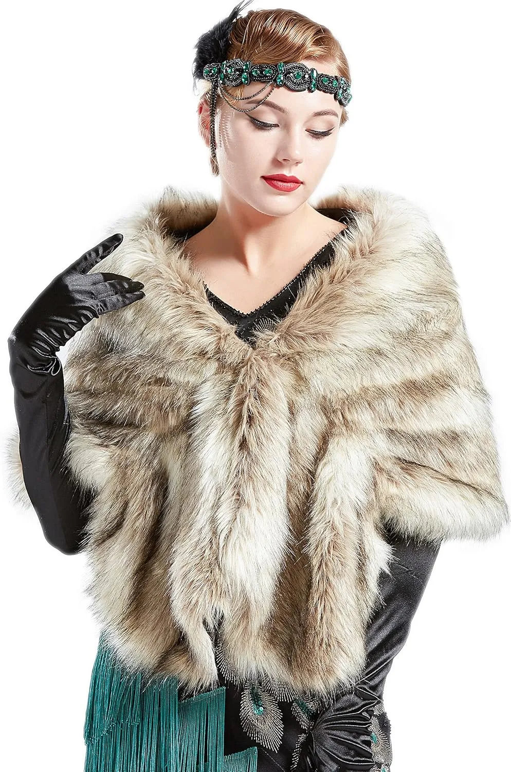 BABEYOND Womens Faux Fur Collar Shawl Faux Fur Scarf Wrap Evening Cape for Winter Coat