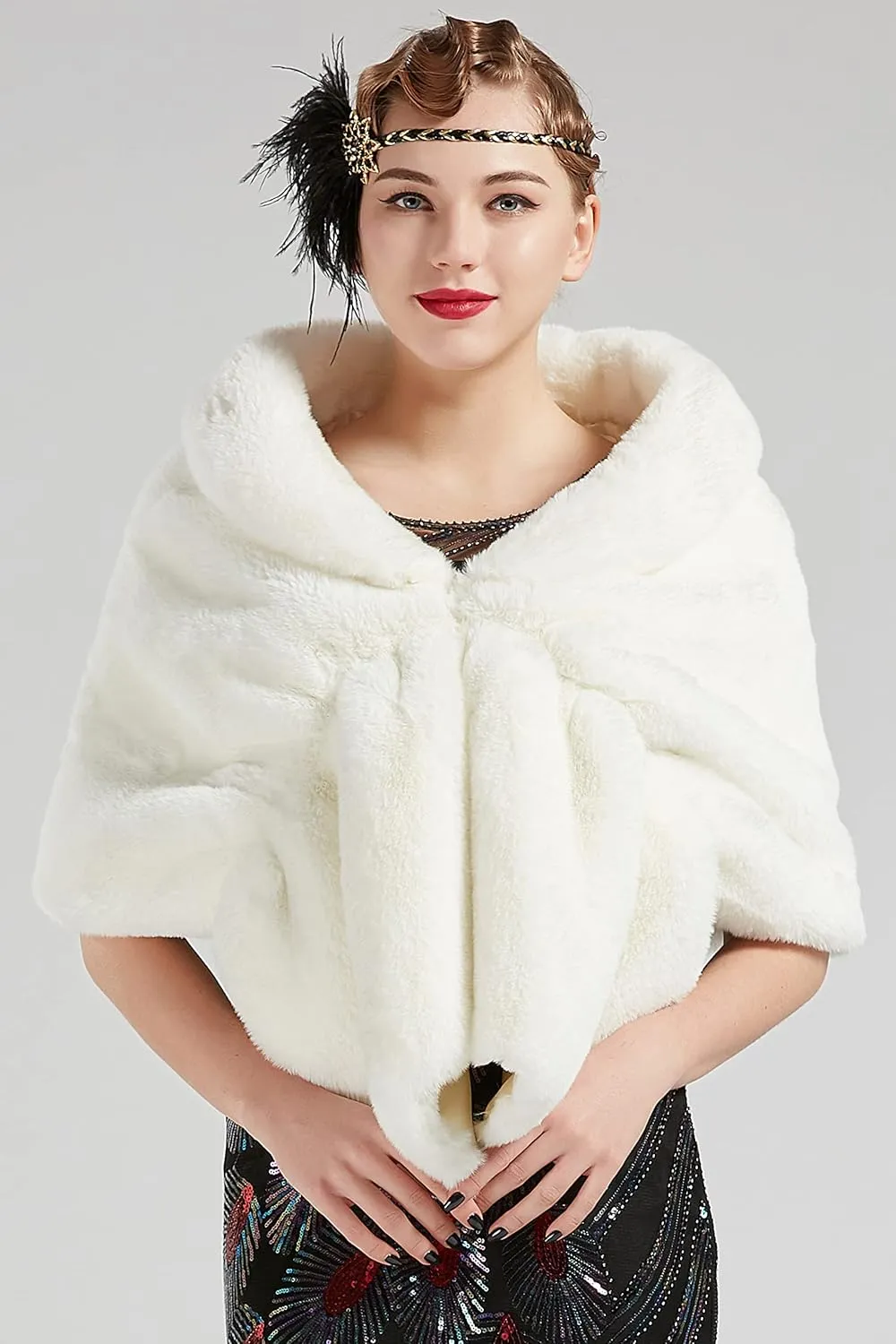 BABEYOND Womens Faux Fur Collar Shawl Faux Fur Scarf Wrap Evening Cape for Winter Coat