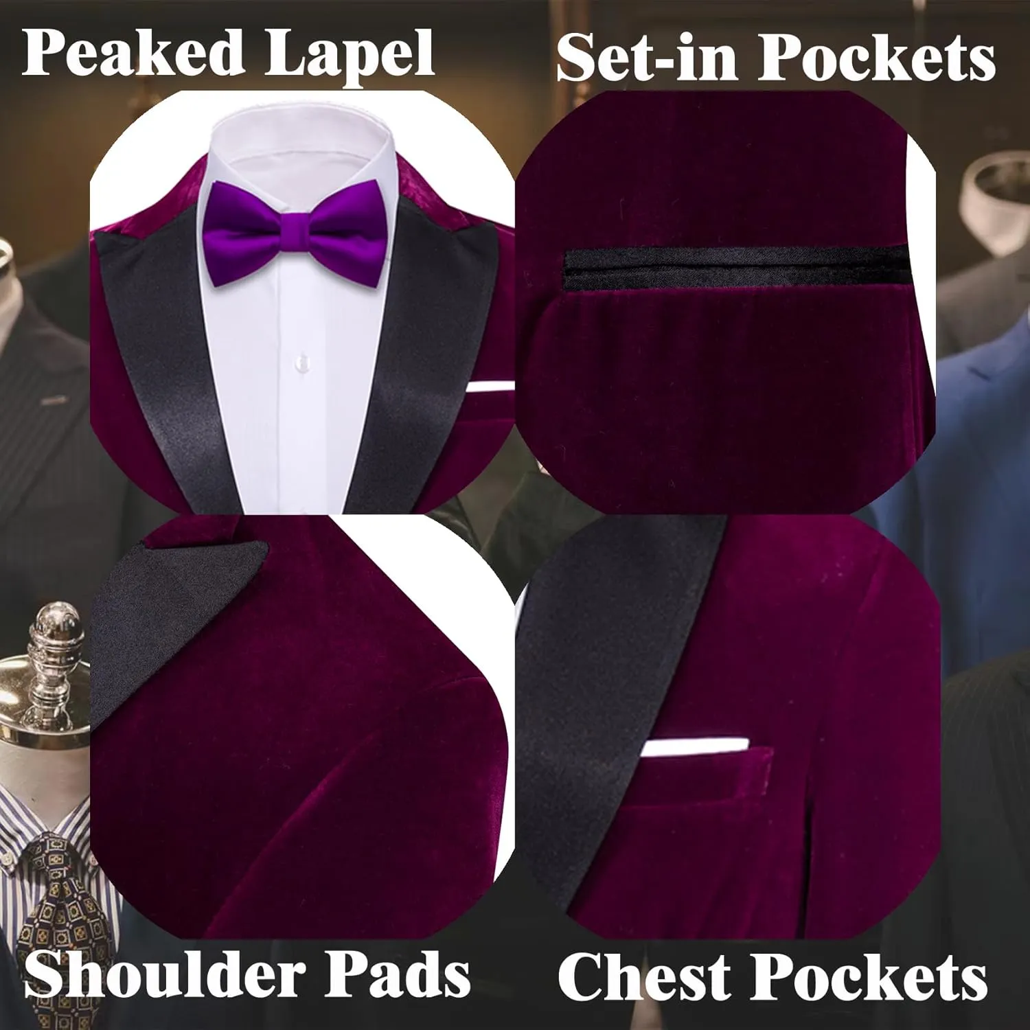 Barry.Wang Velvet Mens Blazer Mardi Gras Sport Coat Brooch Regular Fit Tuxedo Peaked Lapel Suit Jacket Carnival Parade