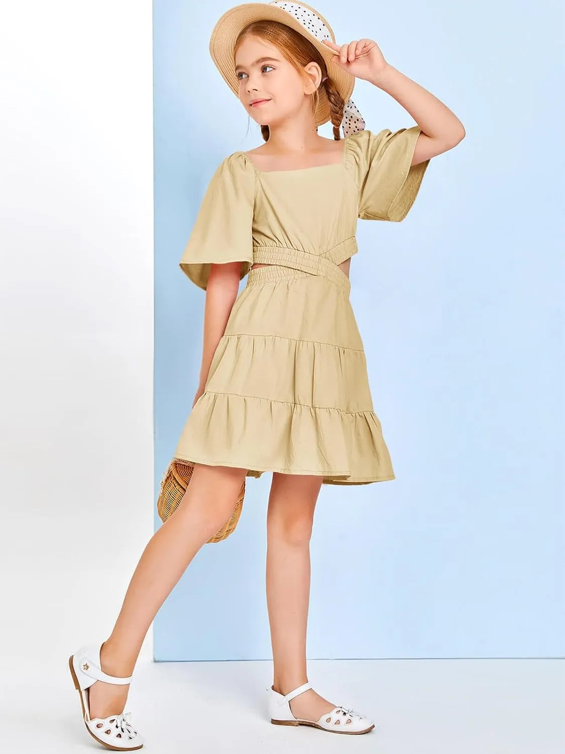 Batermoon Girls Summer Dress Square Neck Short Sleeve Crossover Waist Casual A-line Mini Dress