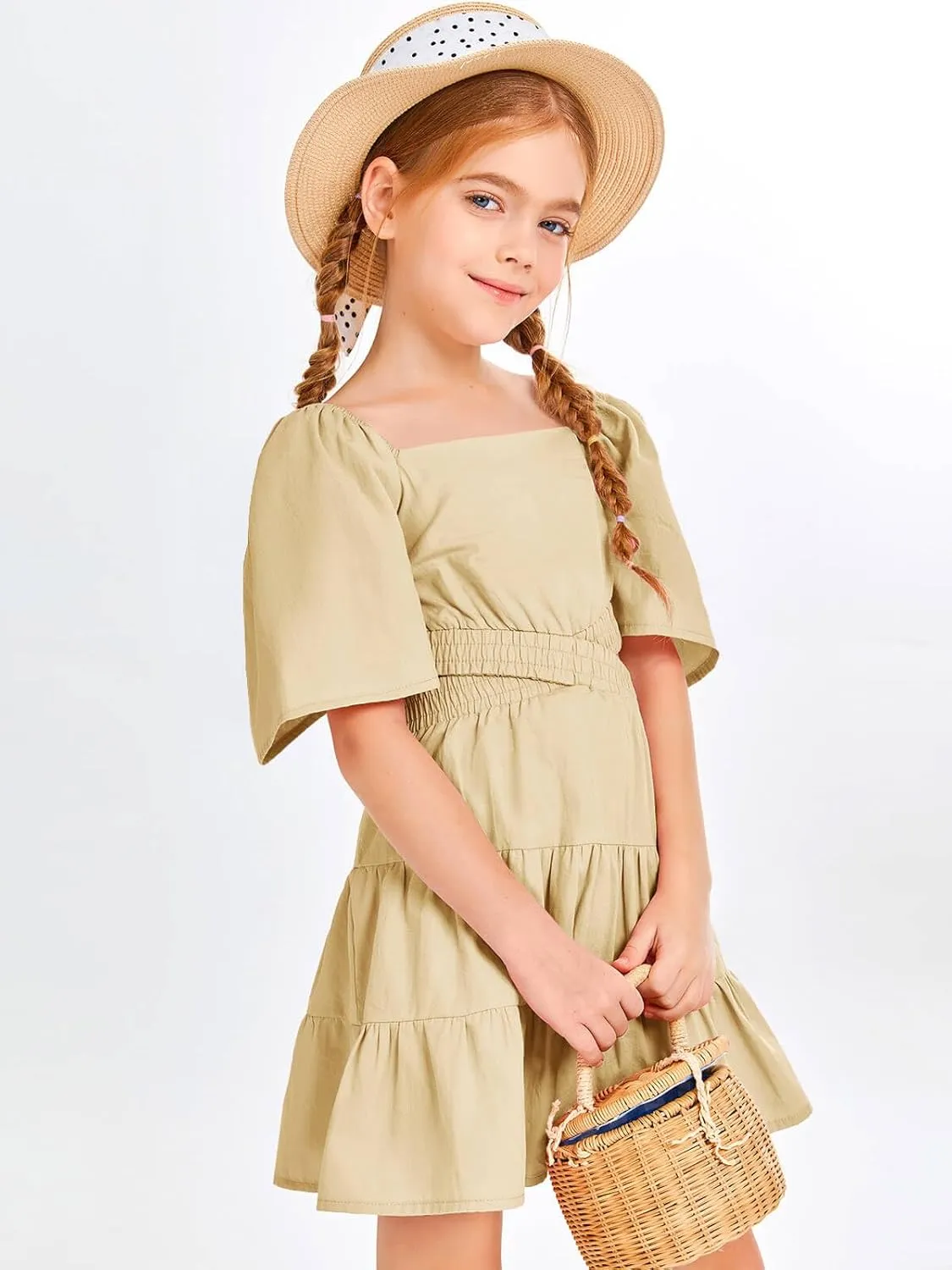 Batermoon Girls Summer Dress Square Neck Short Sleeve Crossover Waist Casual A-line Mini Dress