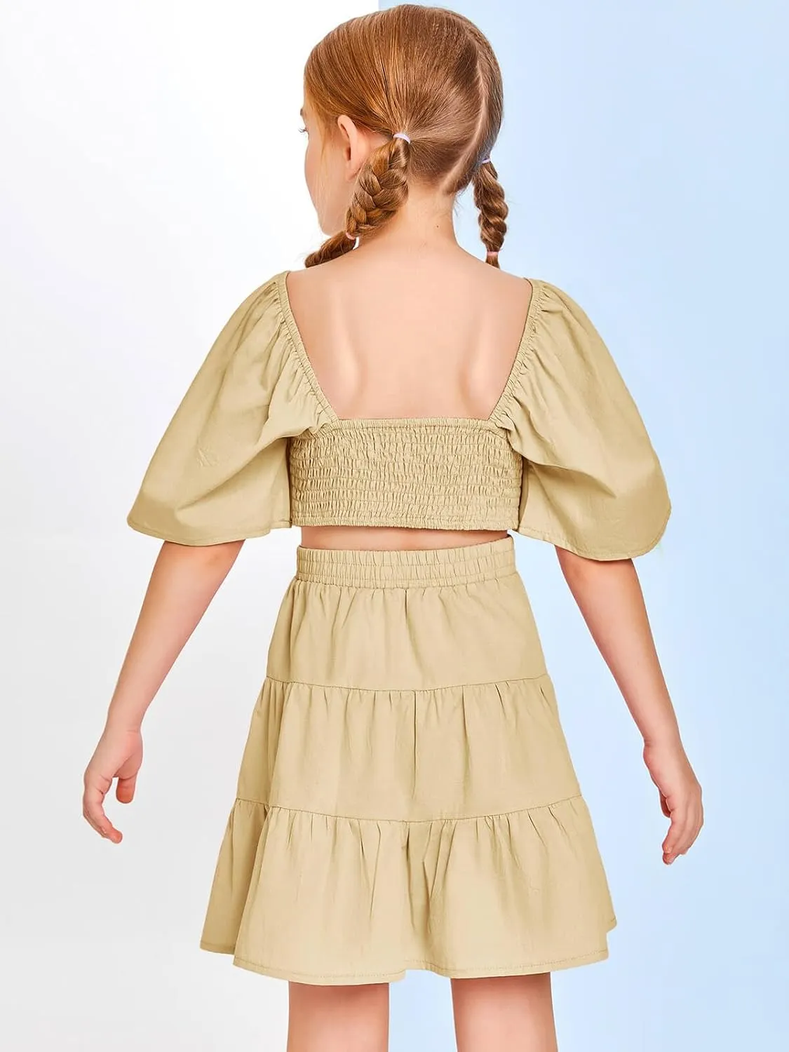 Batermoon Girls Summer Dress Square Neck Short Sleeve Crossover Waist Casual A-line Mini Dress
