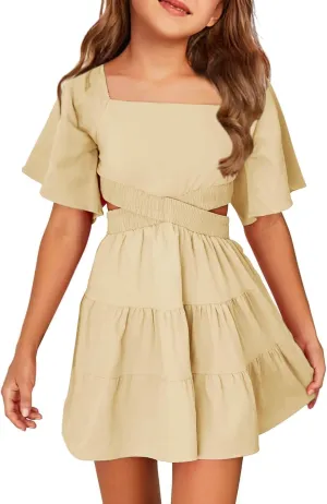 Batermoon Girls Summer Dress Square Neck Short Sleeve Crossover Waist Casual A-line Mini Dress