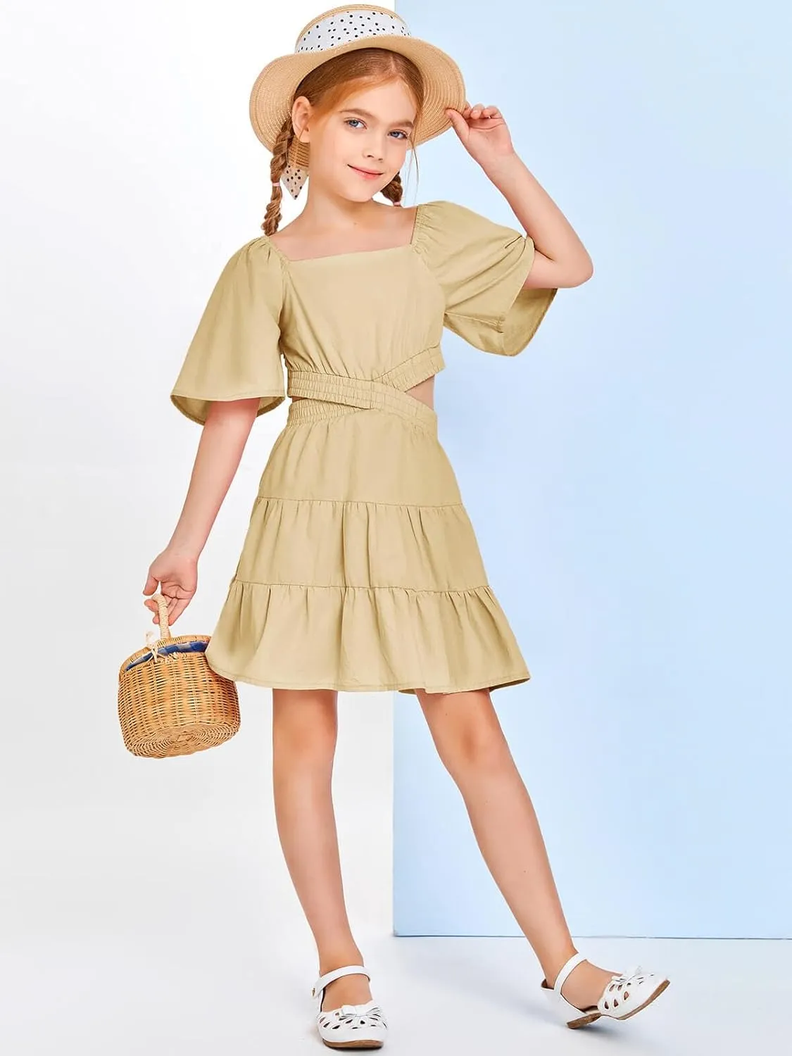 Batermoon Girls Summer Dress Square Neck Short Sleeve Crossover Waist Casual A-line Mini Dress