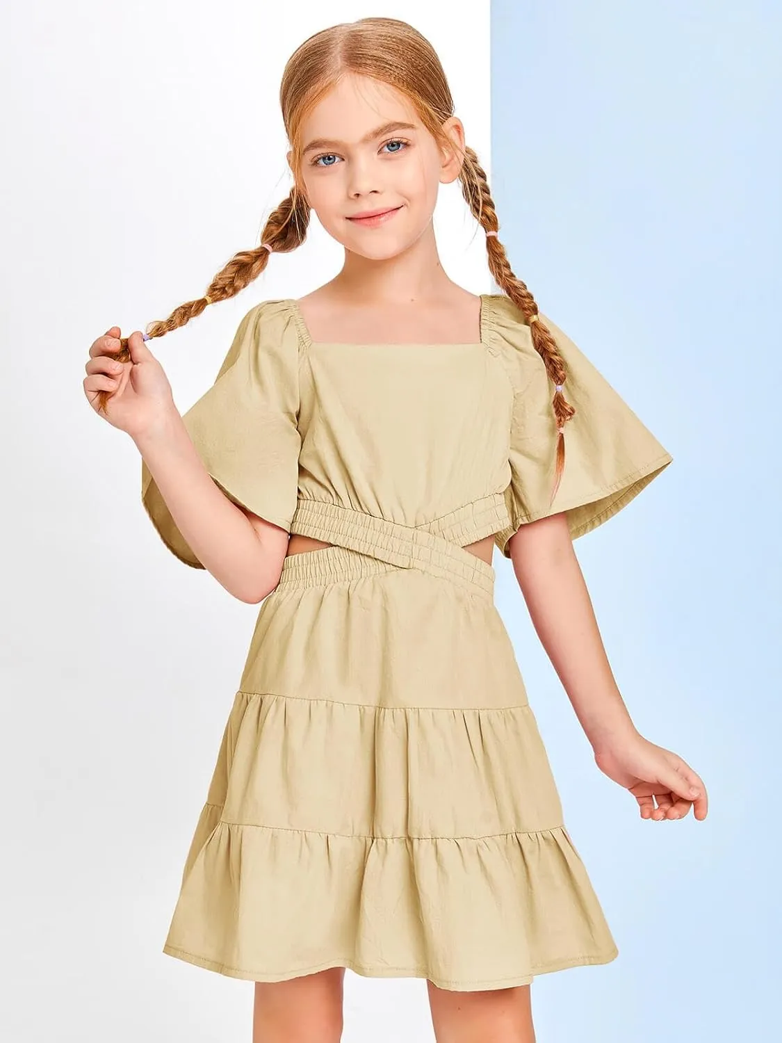 Batermoon Girls Summer Dress Square Neck Short Sleeve Crossover Waist Casual A-line Mini Dress