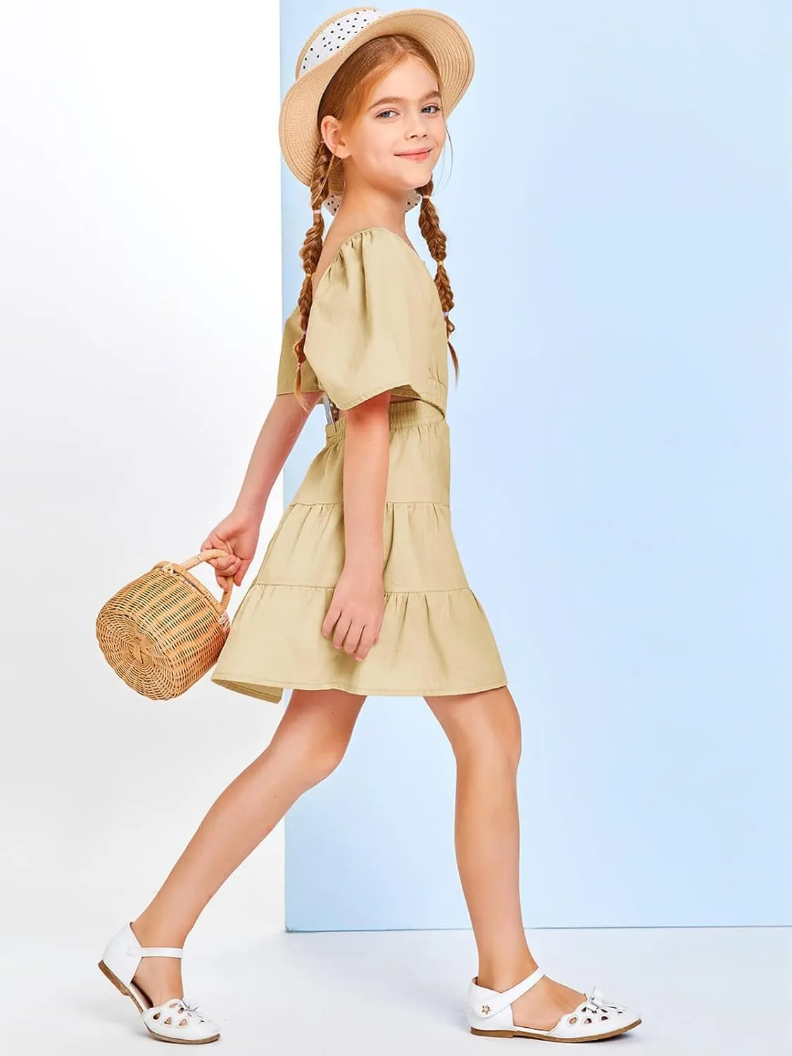 Batermoon Girls Summer Dress Square Neck Short Sleeve Crossover Waist Casual A-line Mini Dress