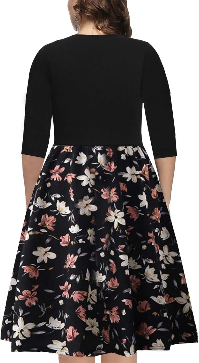 BEDOAR Women's Casual Plus Size Dress V-Neck Knee-Length A-Line Party Cocktail Swing Dress with Pockets