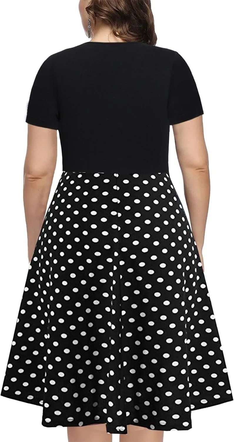 BEDOAR Women's Casual Plus Size Dress V-Neck Knee-Length A-Line Party Cocktail Swing Dress with Pockets