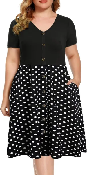BEDOAR Women's Casual Plus Size Dress V-Neck Knee-Length A-Line Party Cocktail Swing Dress with Pockets