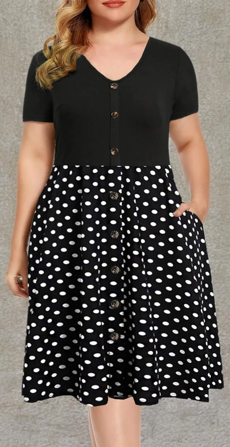BEDOAR Women's Casual Plus Size Dress V-Neck Knee-Length A-Line Party Cocktail Swing Dress with Pockets