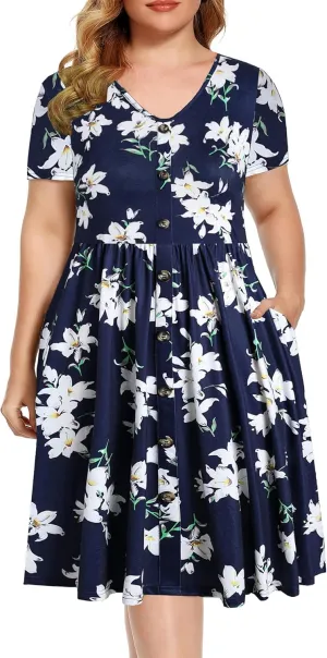 BEDOAR Women's Casual Plus Size Dress V-Neck Knee-Length A-Line Party Cocktail Swing Dress with Pockets