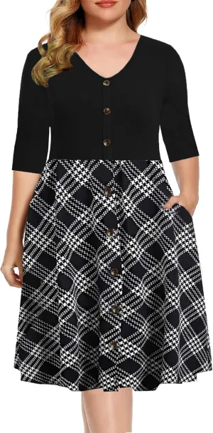 BEDOAR Women's Casual Plus Size Dress V-Neck Knee-Length A-Line Party Cocktail Swing Dress with Pockets