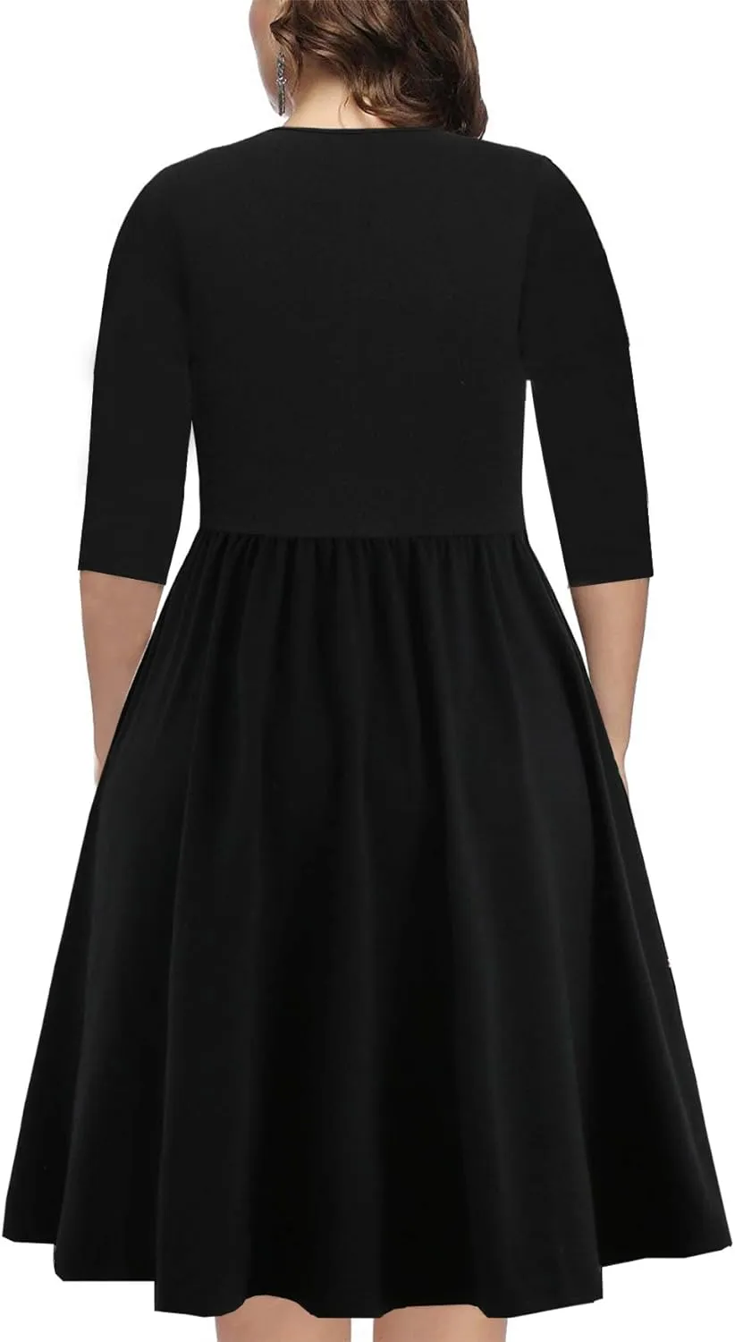 BEDOAR Women's Casual Plus Size Dress V-Neck Knee-Length A-Line Party Cocktail Swing Dress with Pockets