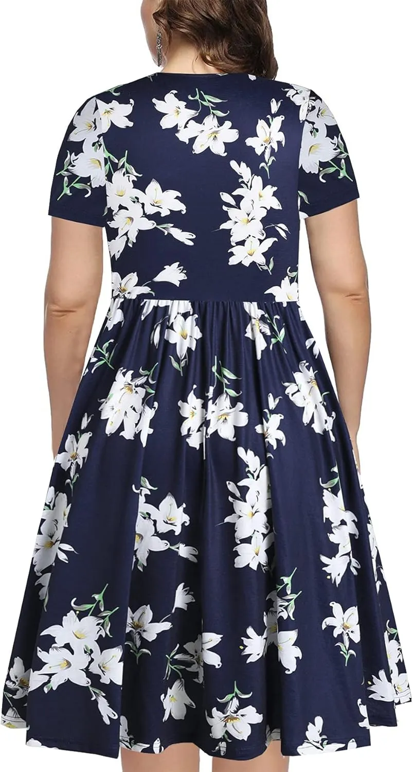 BEDOAR Women's Casual Plus Size Dress V-Neck Knee-Length A-Line Party Cocktail Swing Dress with Pockets