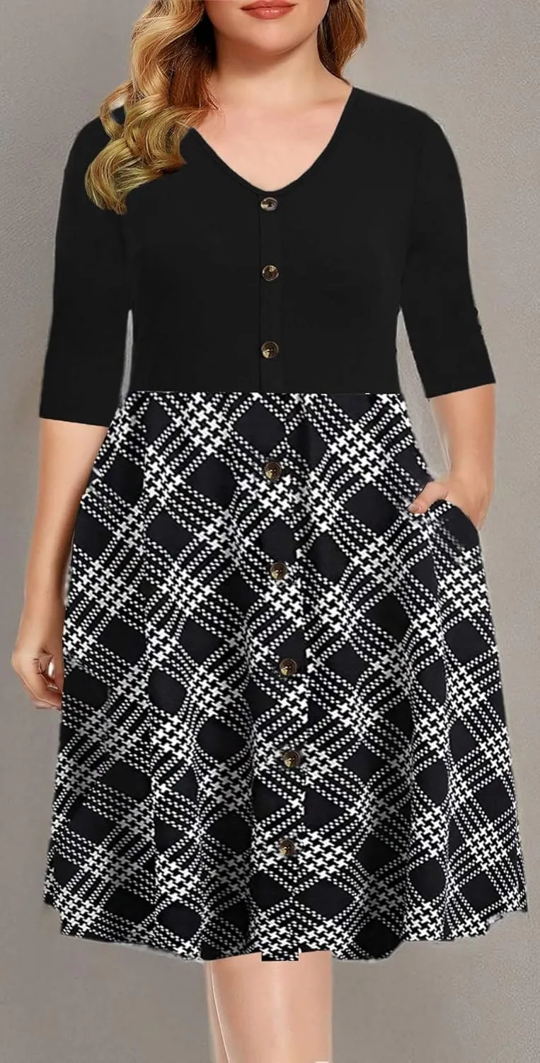 BEDOAR Women's Casual Plus Size Dress V-Neck Knee-Length A-Line Party Cocktail Swing Dress with Pockets