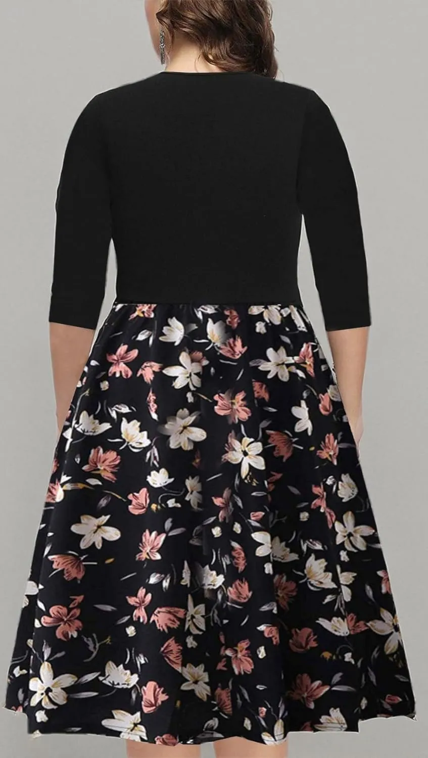 BEDOAR Women's Casual Plus Size Dress V-Neck Knee-Length A-Line Party Cocktail Swing Dress with Pockets
