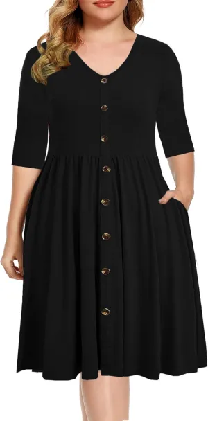 BEDOAR Women's Casual Plus Size Dress V-Neck Knee-Length A-Line Party Cocktail Swing Dress with Pockets