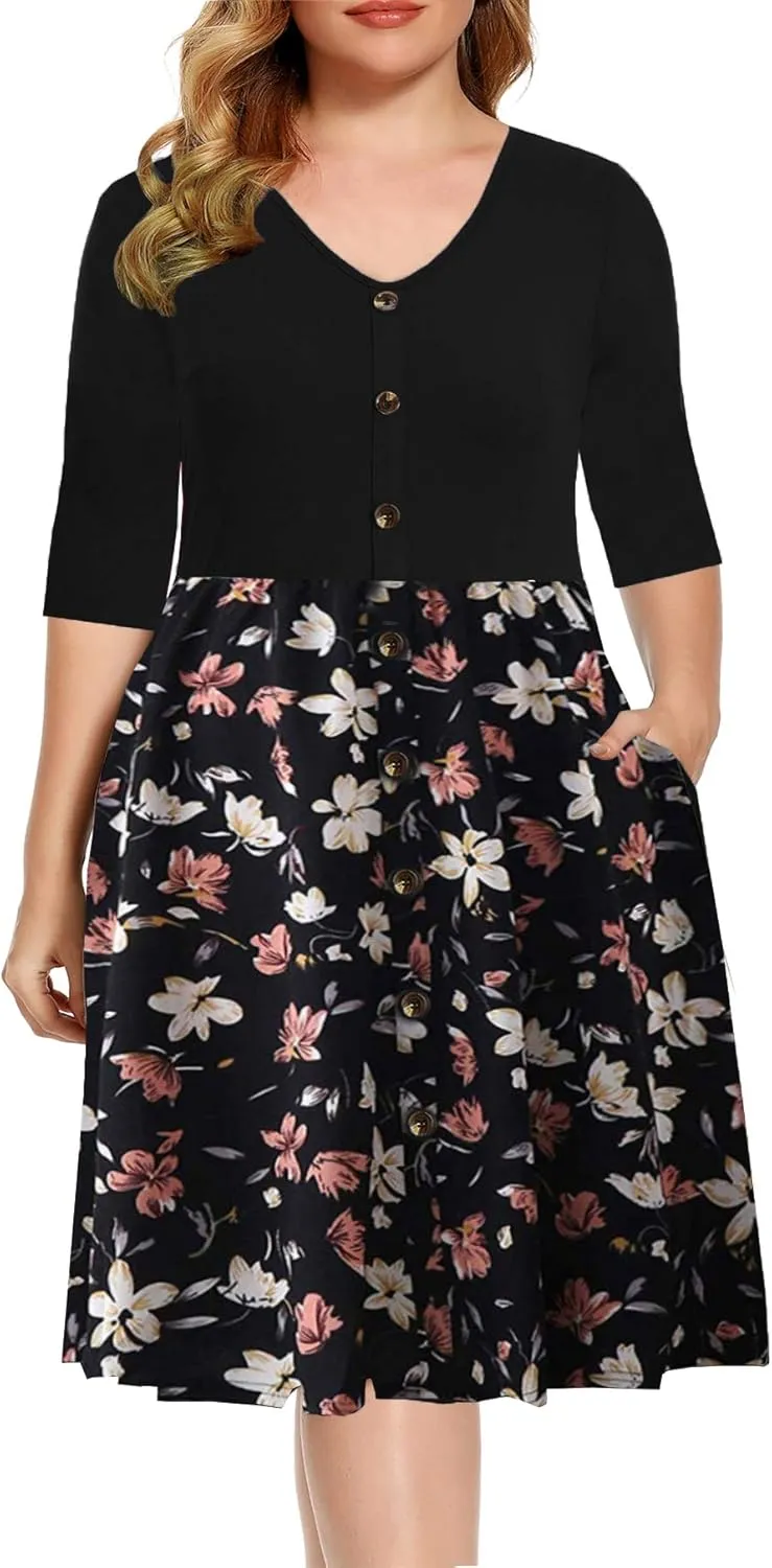 BEDOAR Women's Casual Plus Size Dress V-Neck Knee-Length A-Line Party Cocktail Swing Dress with Pockets