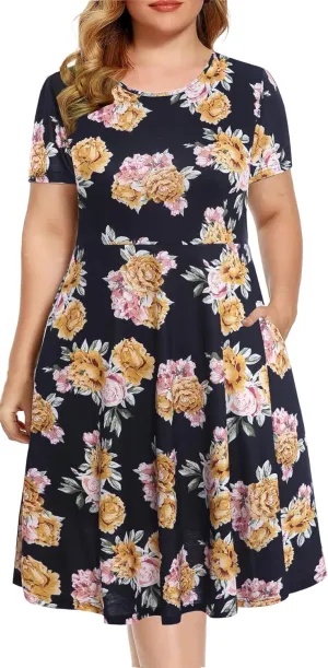 BEDOAR Womens Plus Size Summer Dresses Empire Waist Casual Plus Size Knee-Length Dresses with Pockets