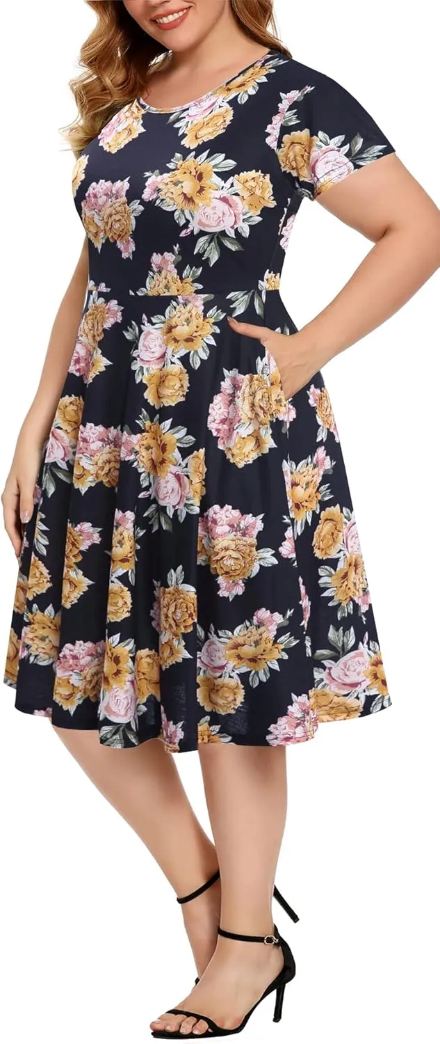 BEDOAR Womens Plus Size Summer Dresses Empire Waist Casual Plus Size Knee-Length Dresses with Pockets