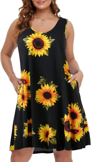BELAROI Women Plus Size Sundress Summer Casual Sleeveless Tshirt Dress Sunflower Floral Scoop Neck Swing Tank Dresses with Pockets Beach Cover up(5X,Flower35)