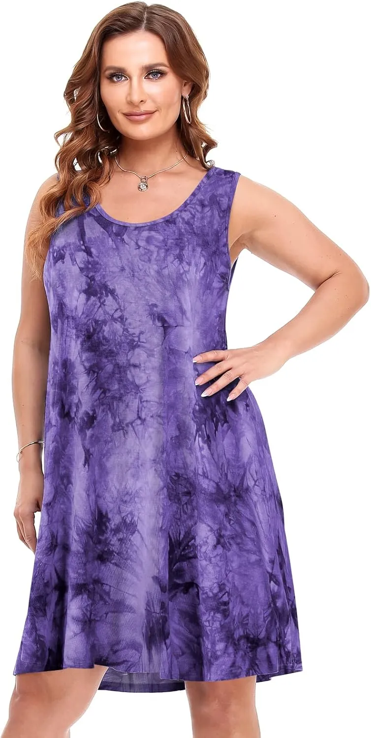 BELAROI Women Plus Size Sundress Summer Casual Sleeveless Tshirt Dress Tie Dye Swing Tank Dresses with Pockets Beach Cover up