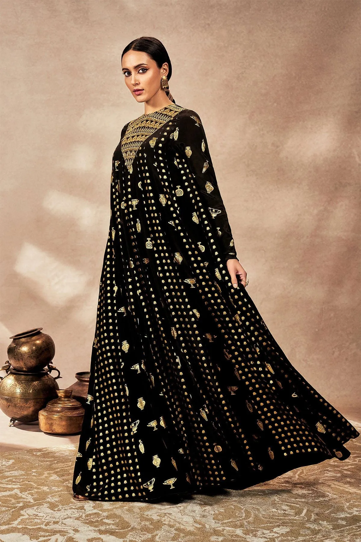 Black Gold Potters Touch Anarkali Set