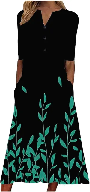 Casual Boho Dresses for Women 2025 Summer Retro Print Midi Tshirt Dress Loose Flowy Beach Long Dresses with Pockets