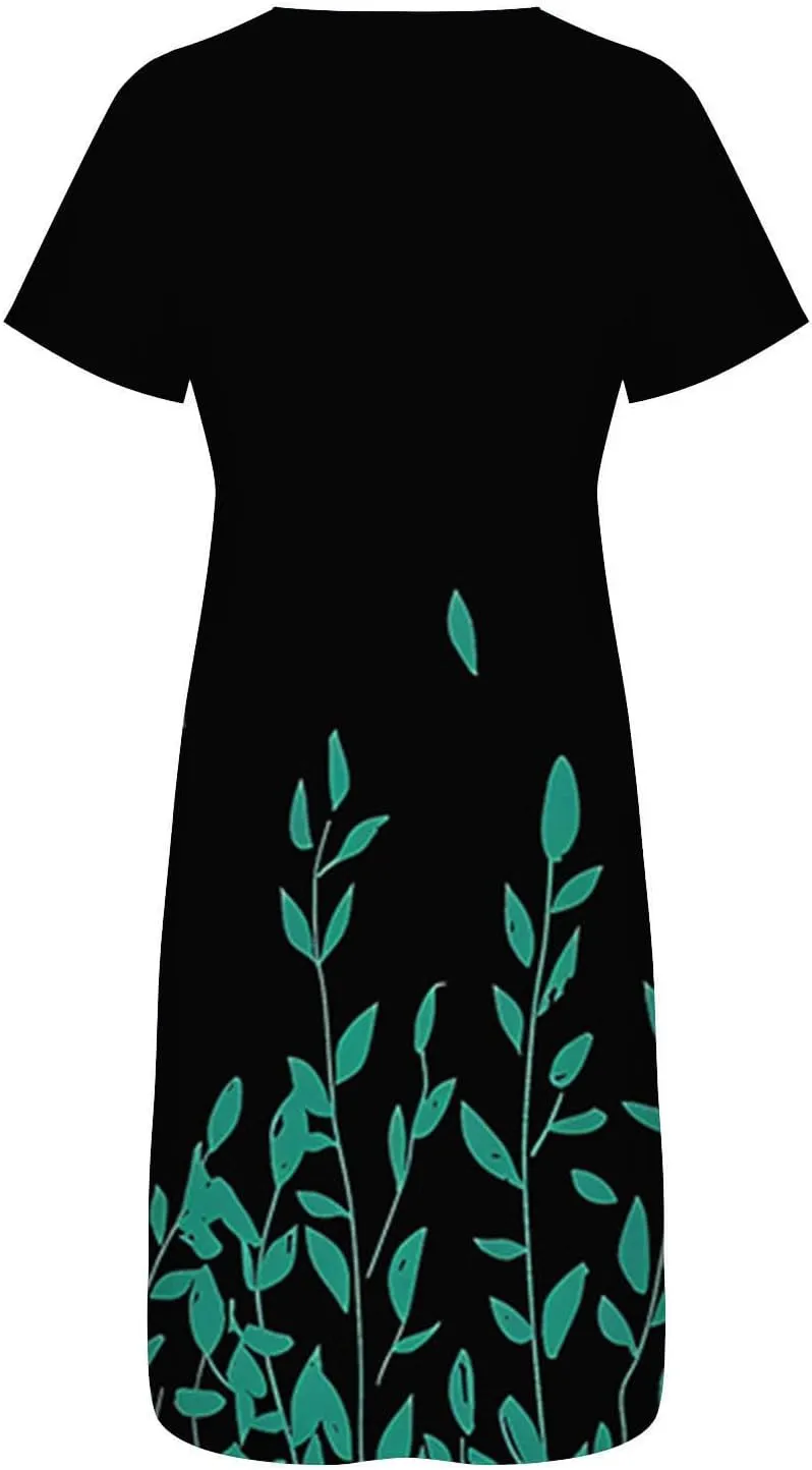 Casual Boho Dresses for Women 2025 Summer Retro Print Midi Tshirt Dress Loose Flowy Beach Long Dresses with Pockets