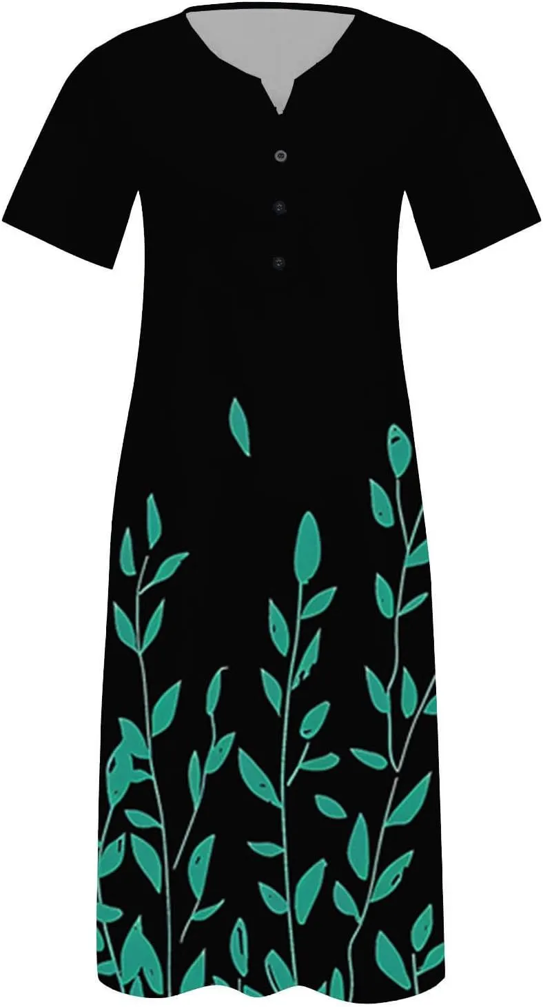 Casual Boho Dresses for Women 2025 Summer Retro Print Midi Tshirt Dress Loose Flowy Beach Long Dresses with Pockets
