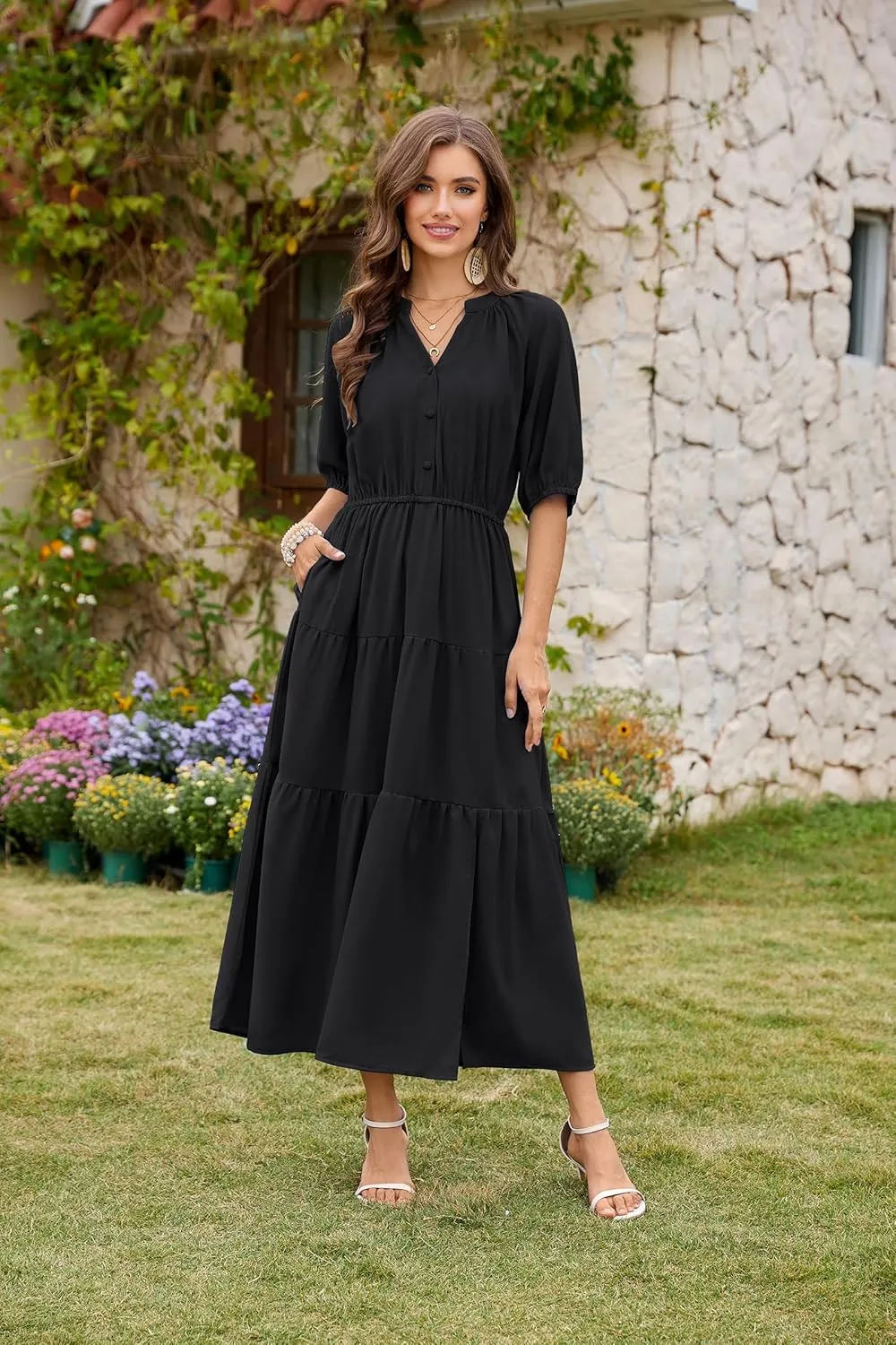 CCTOO Womens Floral Maxi Dress: Casual Short Sleeve V Neck Button Elastic Waist Slit A Line Tiered Dresses with Pockets