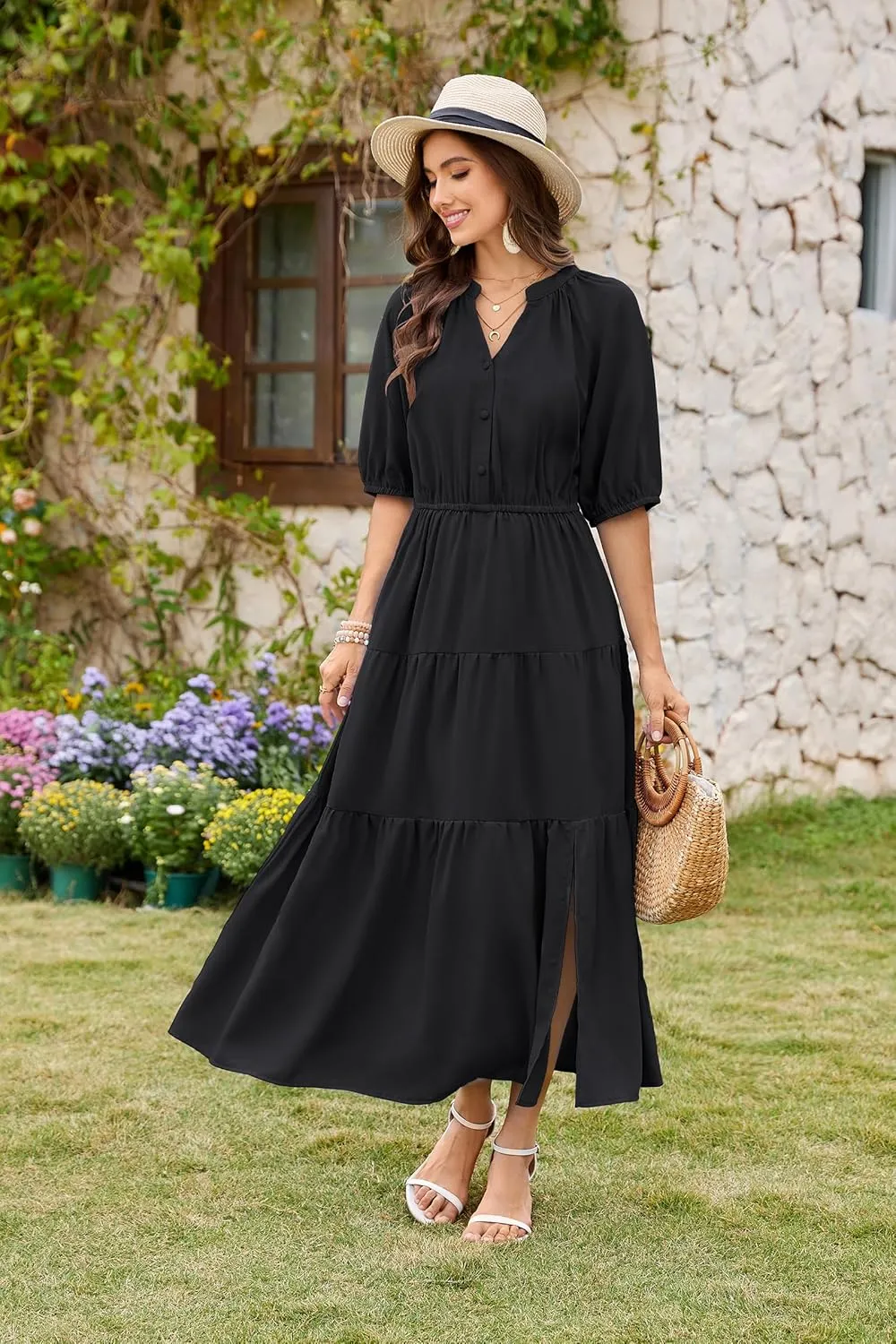 CCTOO Womens Floral Maxi Dress: Casual Short Sleeve V Neck Button Elastic Waist Slit A Line Tiered Dresses with Pockets