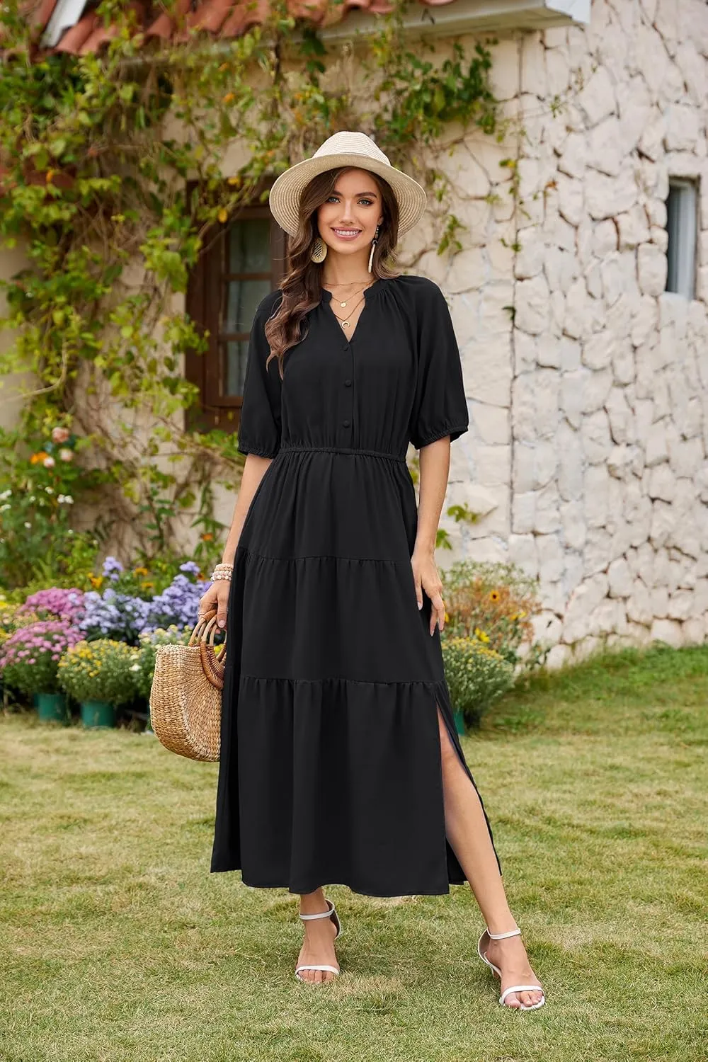 CCTOO Womens Floral Maxi Dress: Casual Short Sleeve V Neck Button Elastic Waist Slit A Line Tiered Dresses with Pockets