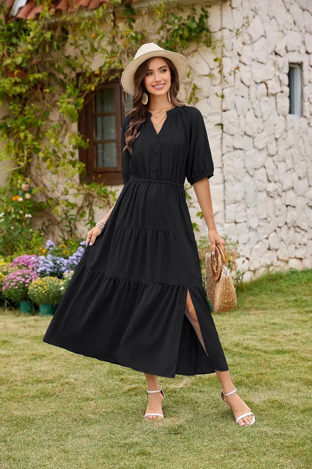 CCTOO Womens Floral Maxi Dress: Casual Short Sleeve V Neck Button Elastic Waist Slit A Line Tiered Dresses with Pockets