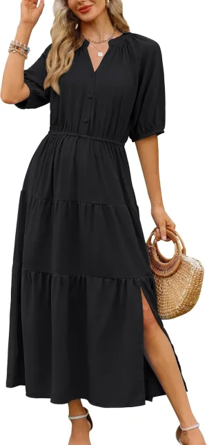 CCTOO Womens Floral Maxi Dress: Casual Short Sleeve V Neck Button Elastic Waist Slit A Line Tiered Dresses with Pockets