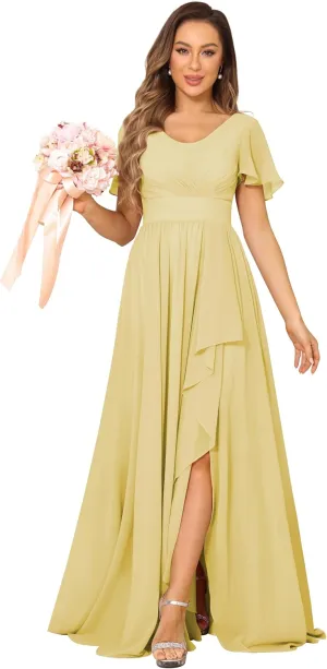 Chiffon Bridesmaid Dresses Formal Dress for Women 2025 Scoop Neck Pleats A Line Wedding Guest Dresses with Split