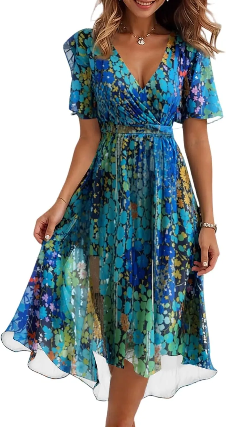 Chiffon Dresses for Women,Cocktail Spring Summer Sexy Dresses Wrap Flowy Wedding Guest Womens Midi Dress Floral