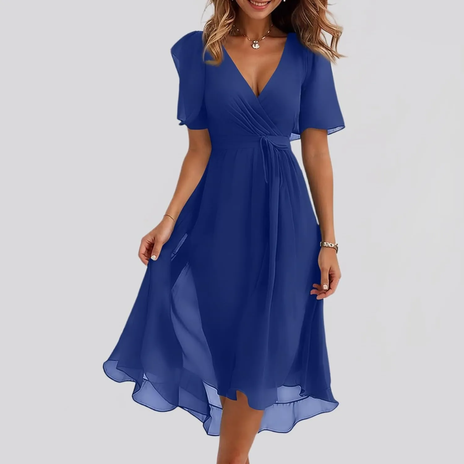 Chiffon Dresses for Women,Flowy Wrap Wedding Guest Cocktail Prom Womens Spring Summer Dress Sexy Midi Dresses