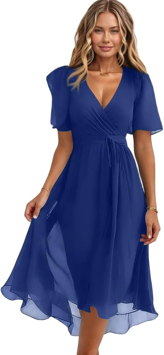 Chiffon Dresses for Women,Flowy Wrap Wedding Guest Cocktail Prom Womens Spring Summer Dress Sexy Midi Dresses