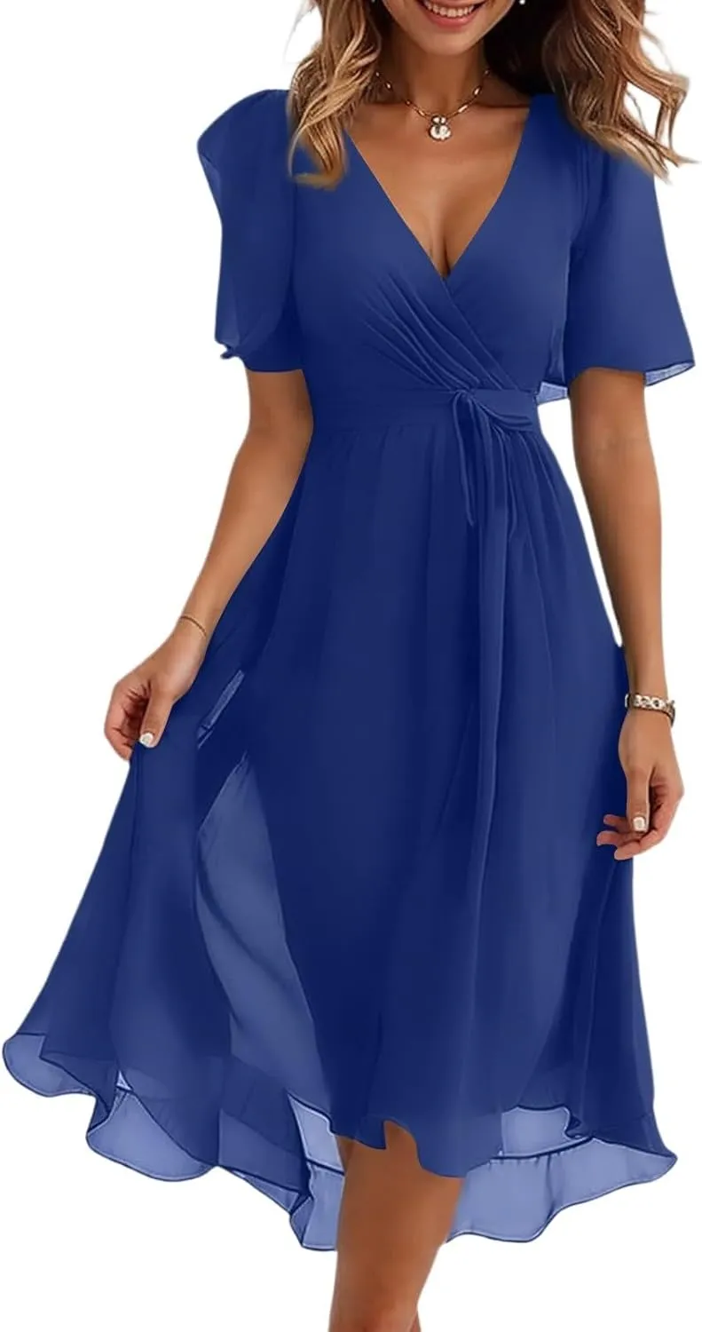 Chiffon Dresses for Women,Flowy Wrap Wedding Guest Cocktail Prom Womens Spring Summer Dress Sexy Midi Dresses