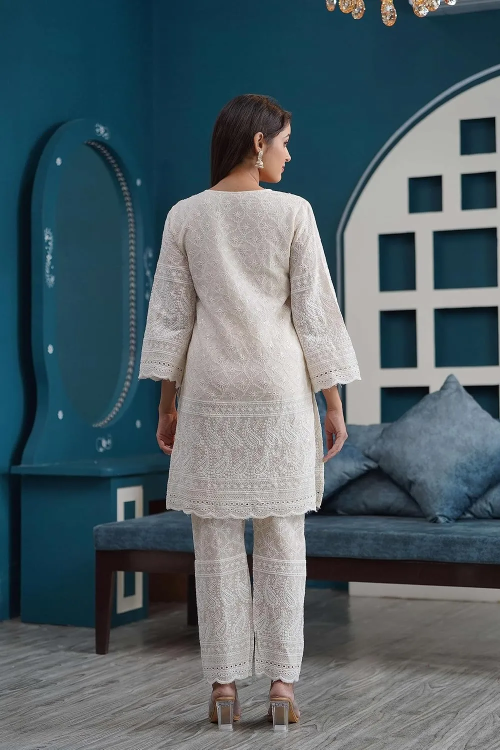 Chikankari Kurtis for Women Pakistani Salwar Kameez Suit Set Indian Dresses Cream White Kurti Pant & Dupatta Set