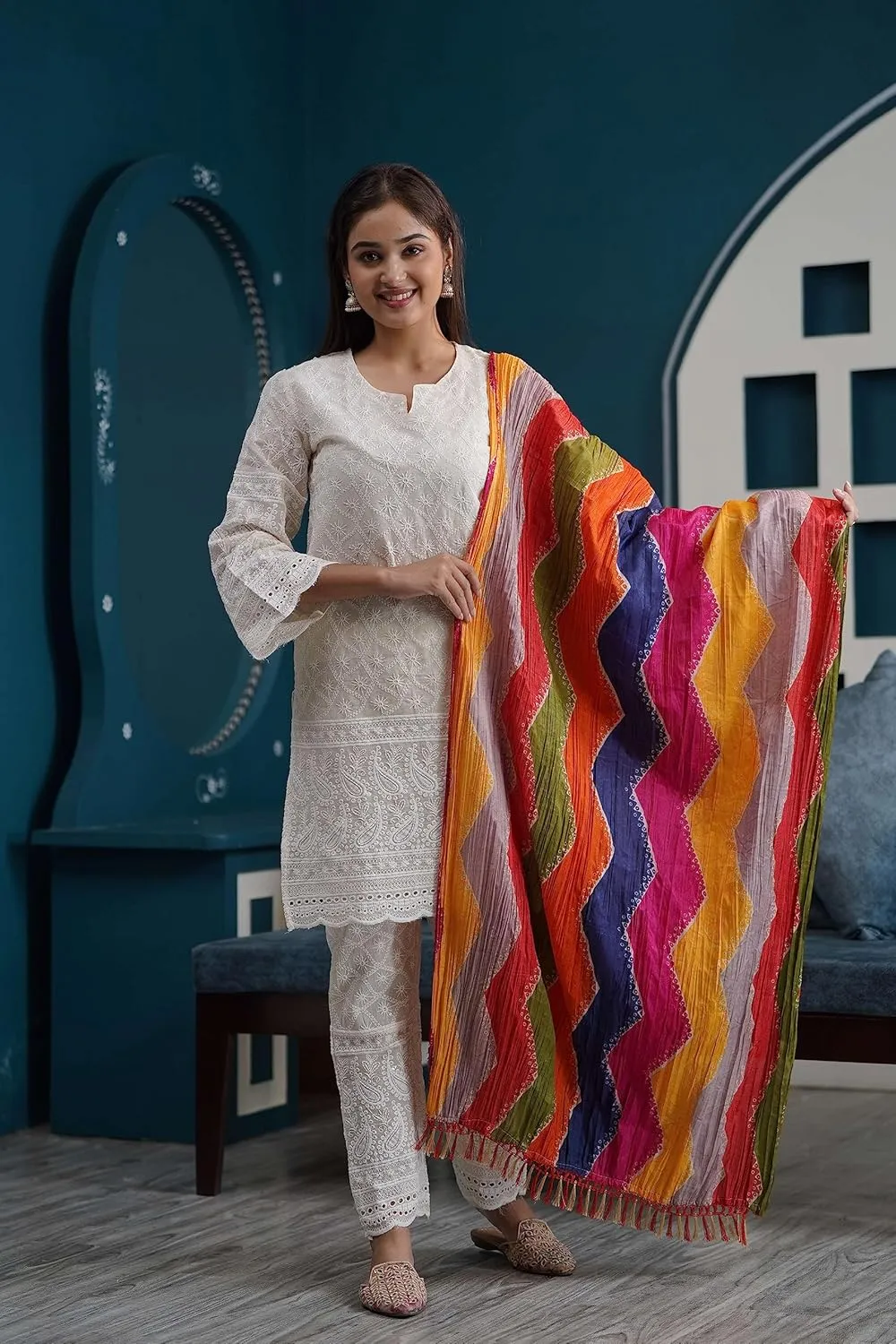 Chikankari Kurtis for Women Pakistani Salwar Kameez Suit Set Indian Dresses Cream White Kurti Pant & Dupatta Set
