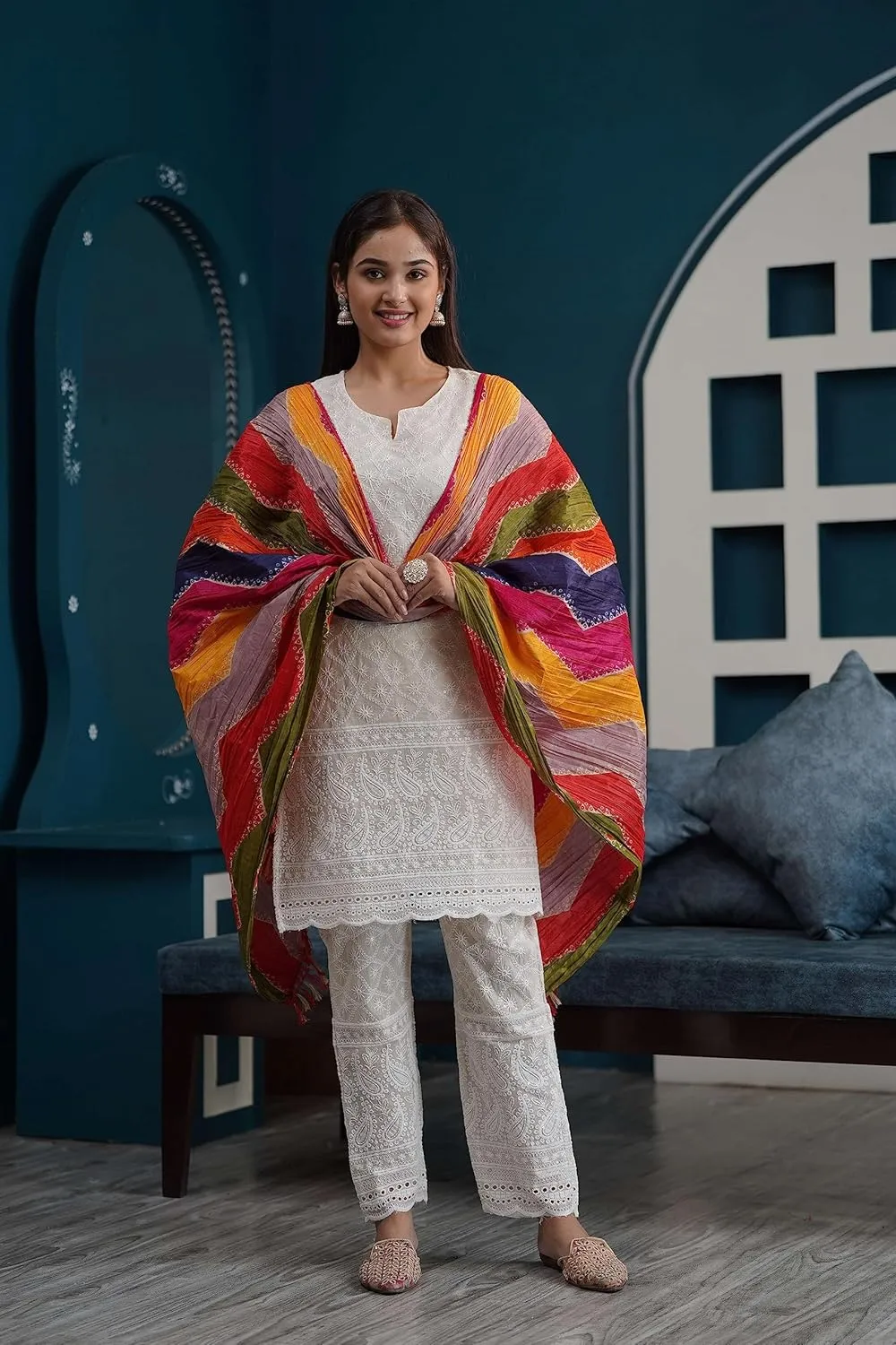 Chikankari Kurtis for Women Pakistani Salwar Kameez Suit Set Indian Dresses Cream White Kurti Pant & Dupatta Set