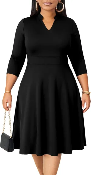 CLOCOR Plus Size Dress for Women Semi Formal Church 3/4 Sleeve Fit and Flare Casual Dresses V Neck with Pockets